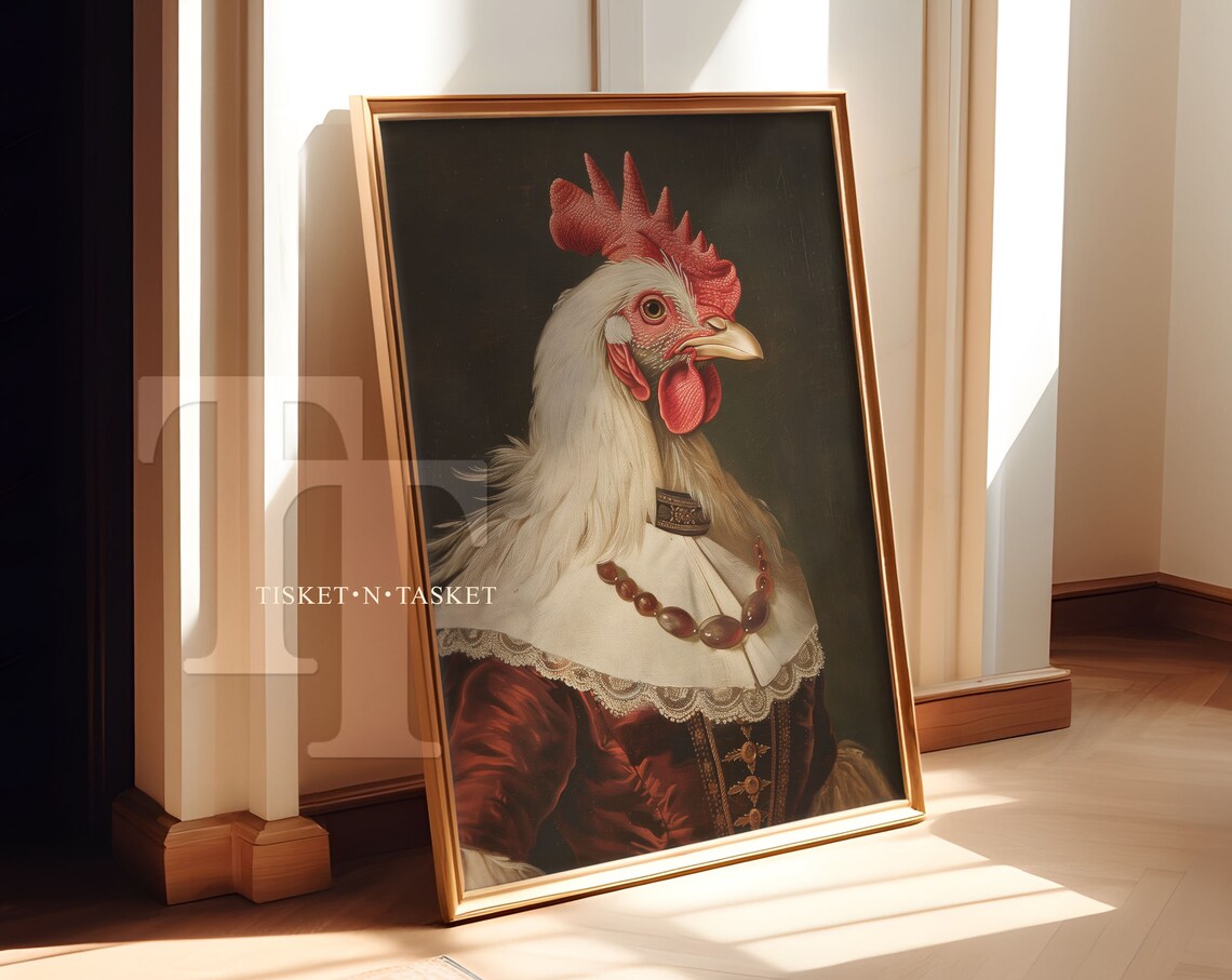 Victorian Chicken Portrait Vintage Style Hen In Red Velvet Gown Painting Poster