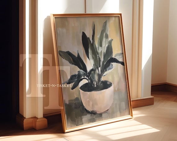 Neutral Potted Plant Painting Boho Botanical Still Life Poster