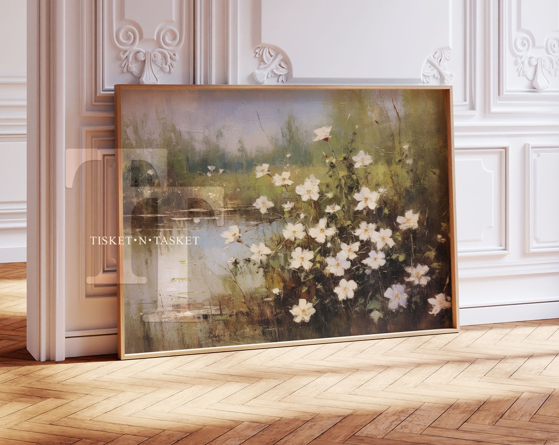 White Meadow Wildflowers By The Pond Vintage Botanical Wall Art