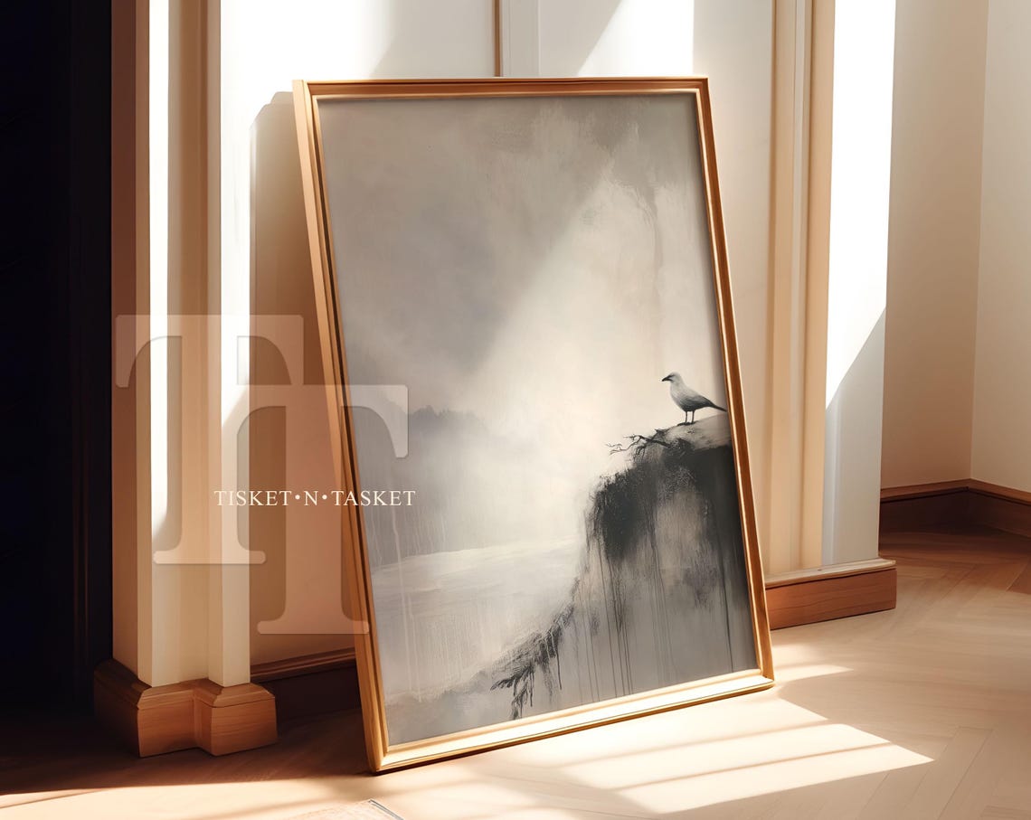 Lone Bird on Cliff Edge Misty Ink Wash Minimalist Nature Art Print