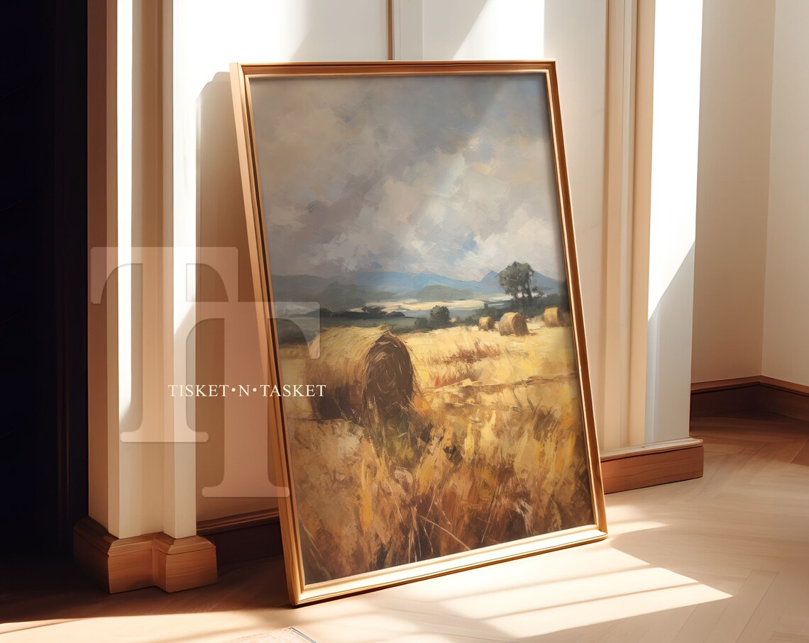 Hay Bale Field Harvest Farm Landscape Vintage Countryside Painting Poster