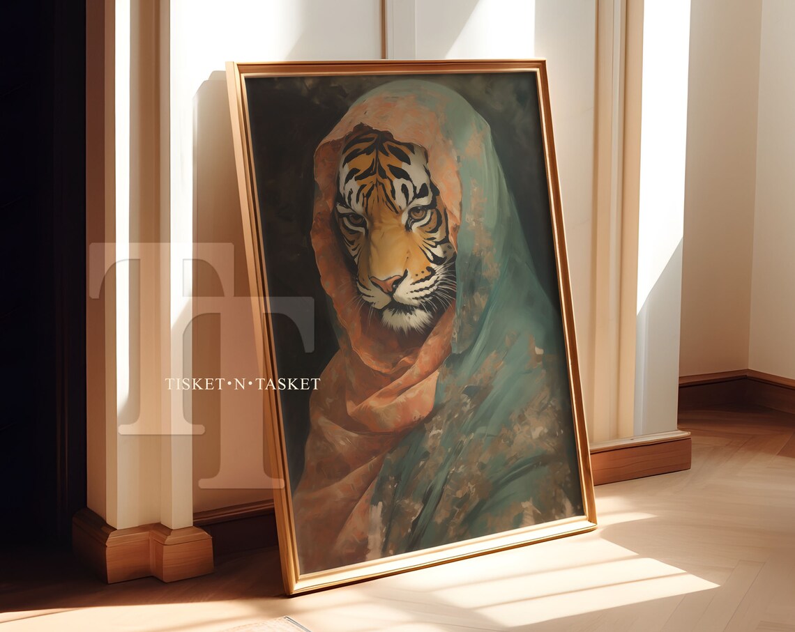 Hooded Tiger In Cloth Vintage Oil Style Wildlife Portrait Poster