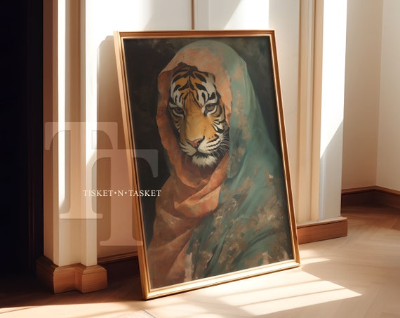 Portrait Of A Tiger Wearing Covering Vintage Style Painting Wall Art