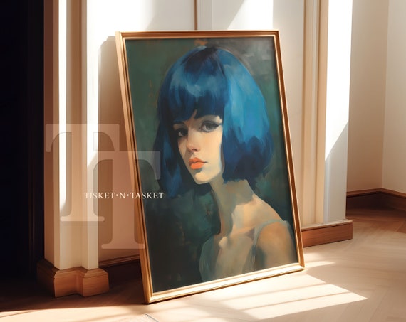 Blue Haired Woman Vintage Style Oil Painting Portrait Vertical Wall Art