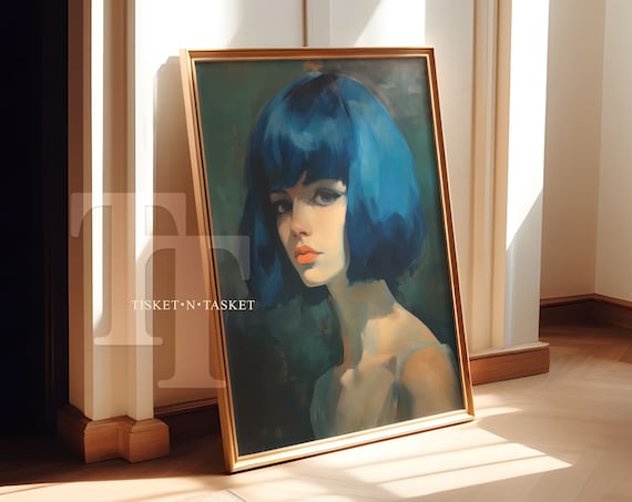 Modern Moody Woman With Blue Bob Hair Oil Painting Portrait Poster