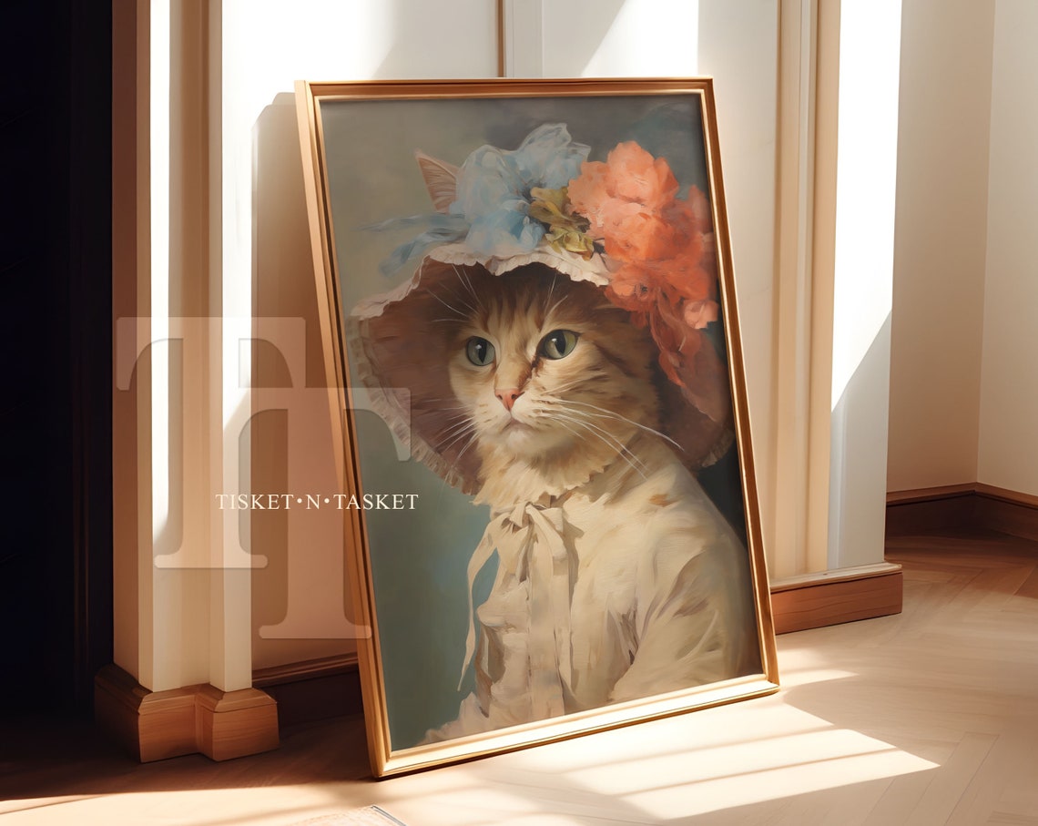 Charming Cat in Victorian Bonnet with Flowers Whimsical Art Print