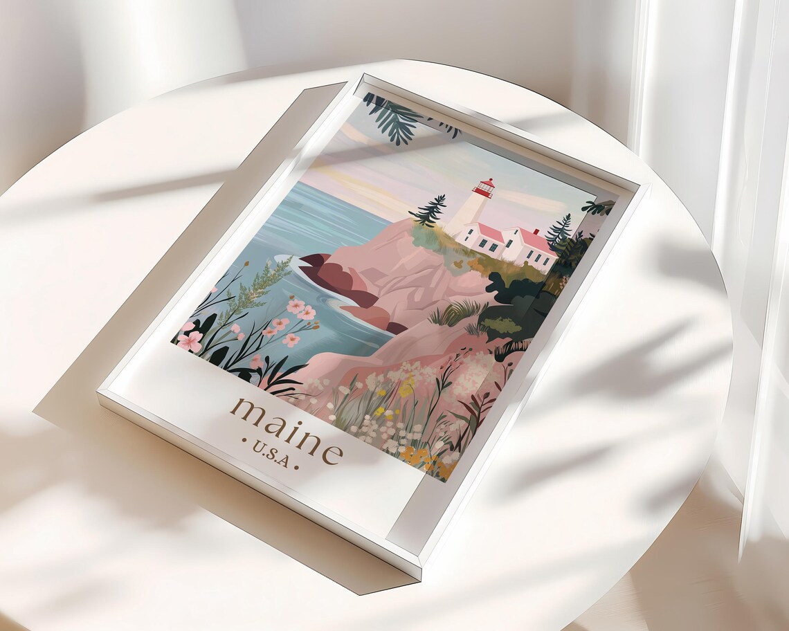 Maine Coastal Scenery Travel Poster, State Landmarks - Image 3