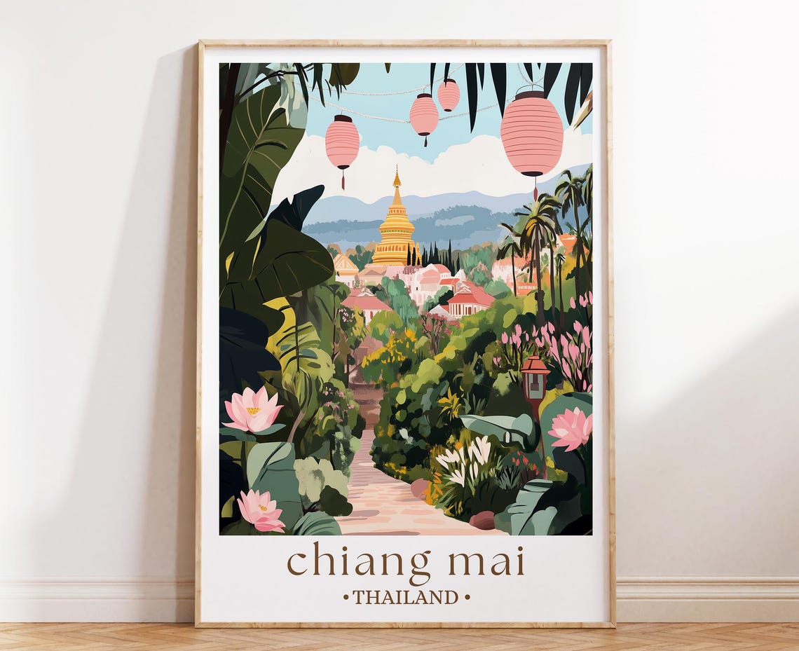 Chiang Mai Thailand Golden Temple Tropical Lanterns Jungle Poster