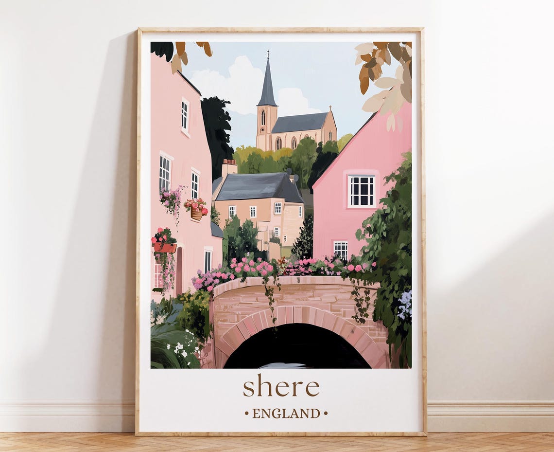 Shere England Poster Pink Stone Bridge Flowers Village Church Spire