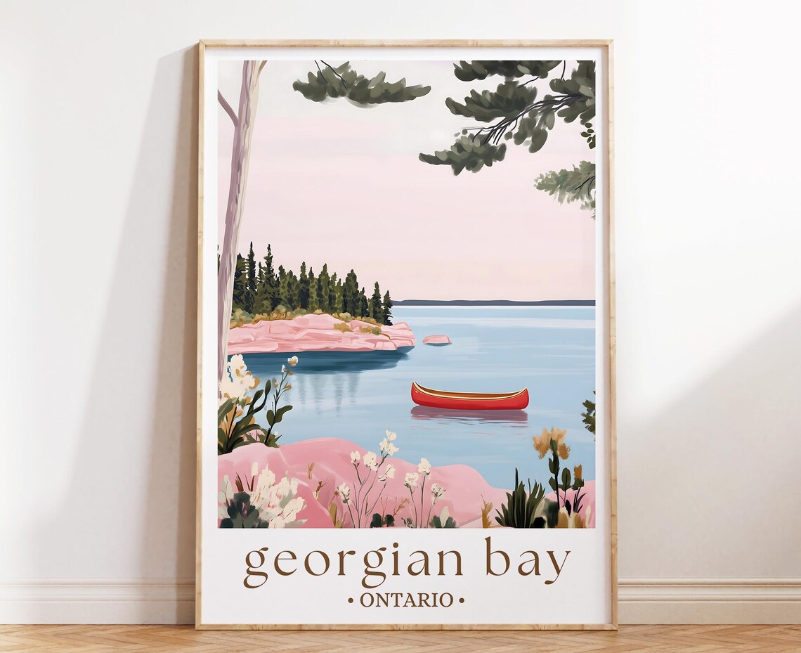 Georgian Bay Ontario Canoe Pink Rocks Pine Lake Travel Poster