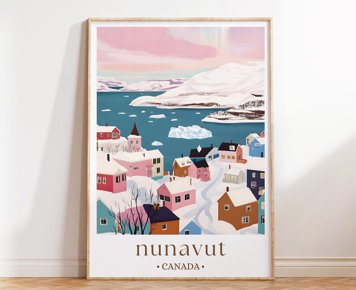 Nunavut Canada Arctic Village Iceberg Winter Illustrated Travel Poster