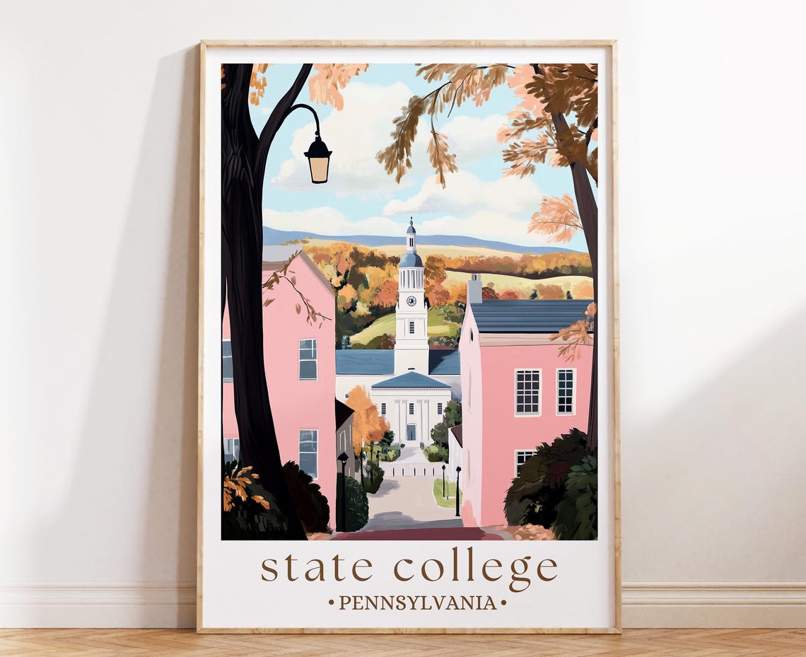 State College Pennsylvania Autumn Campus Town Bell Tower Travel Poster