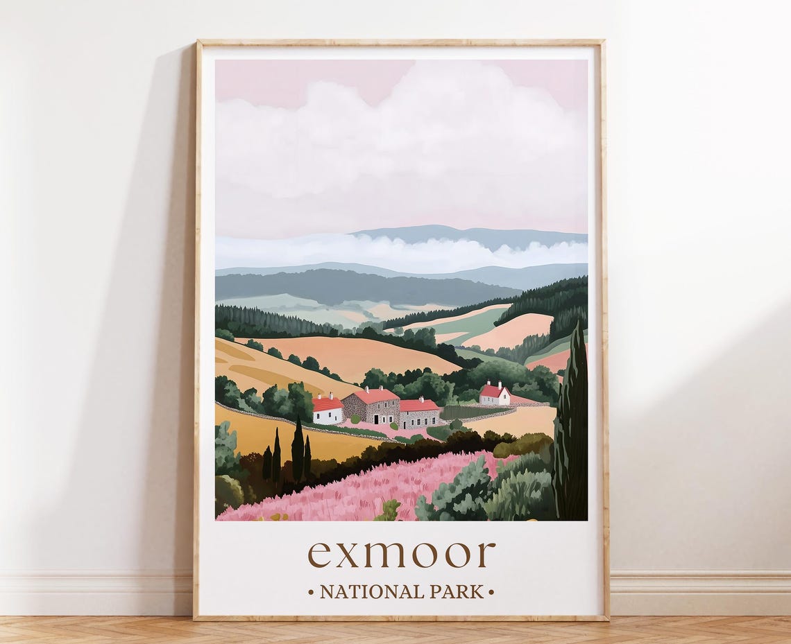Exmoor National Park Print English Countryside Wall Art Uk Landscape Poster Nature Travel Decor Scenic Green Hills Illustration