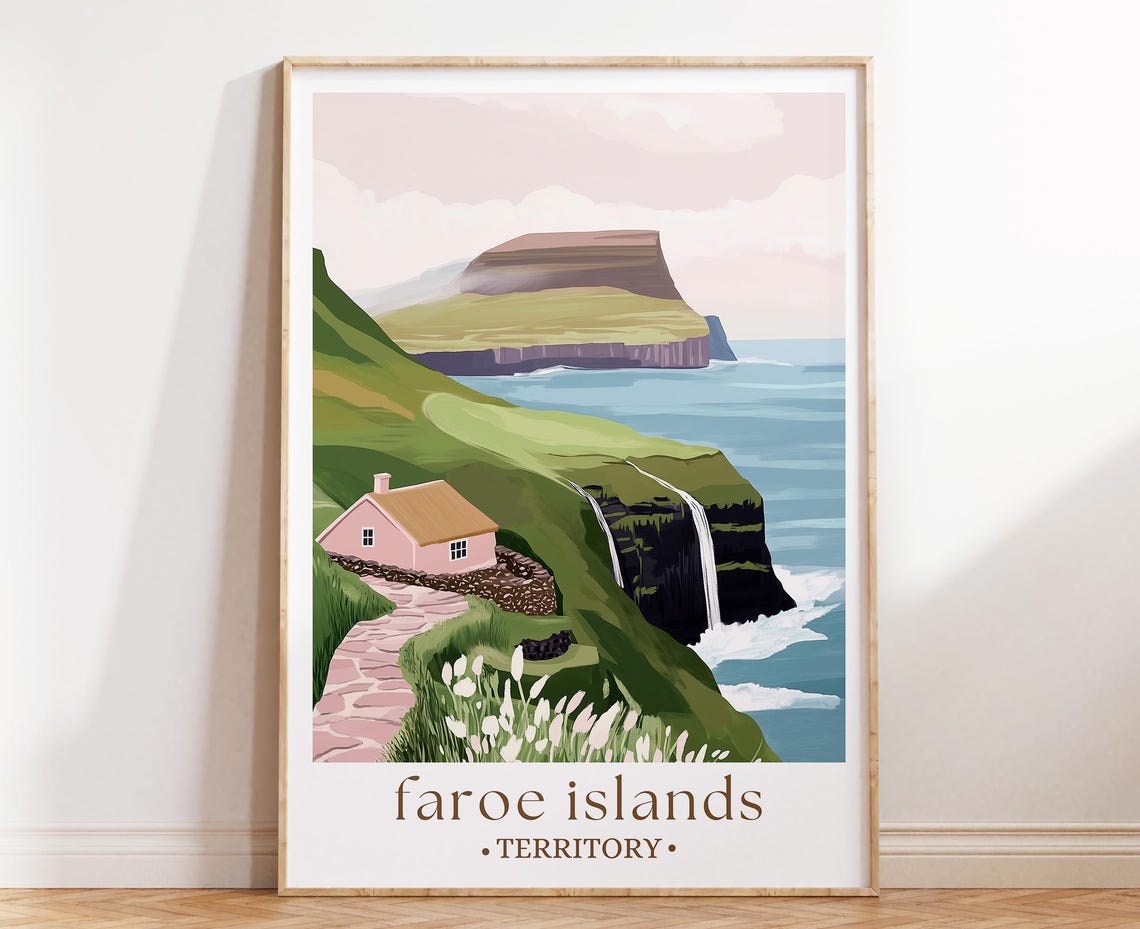 Faroe Islands Green Cliffs Waterfall Nordic Landscape Travel Poster