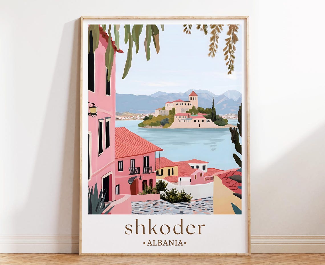 Shkoder Albania Old Town Harbor Lakeside Illustrated Travel Poster