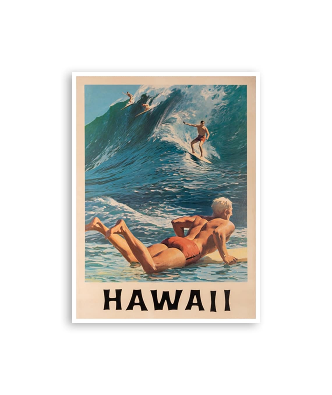 Hawaii Vintage Surfer Travel Poster Big Wave Surfing Aloha Art