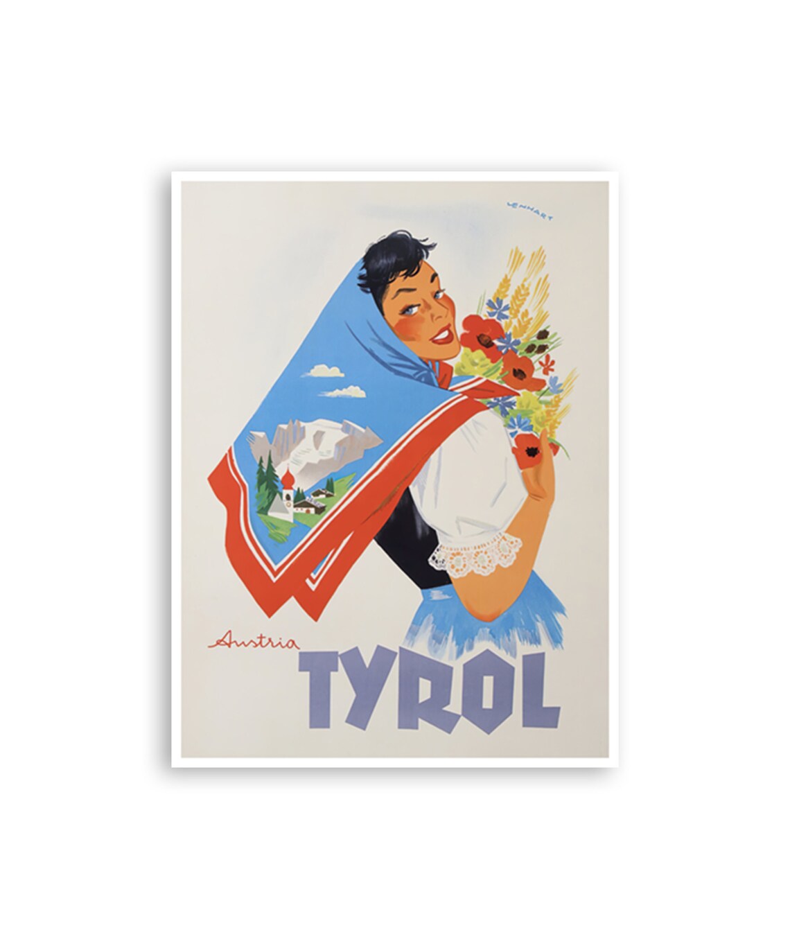 Tyrol Austria Alpine Woman Flowers Dirndl Vintage Travel Poster