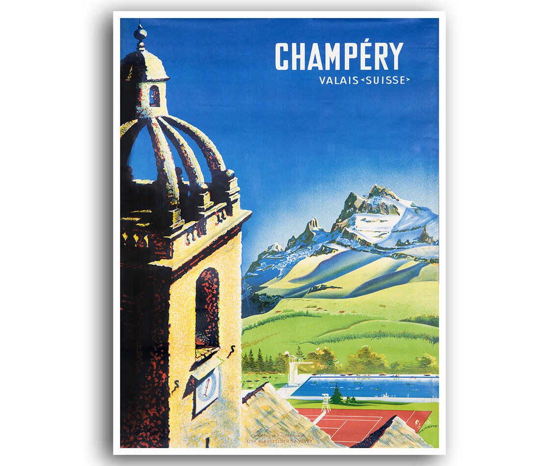 Champery Valais Swiss Alps Tennis Vintage Switzerland Travel Poster