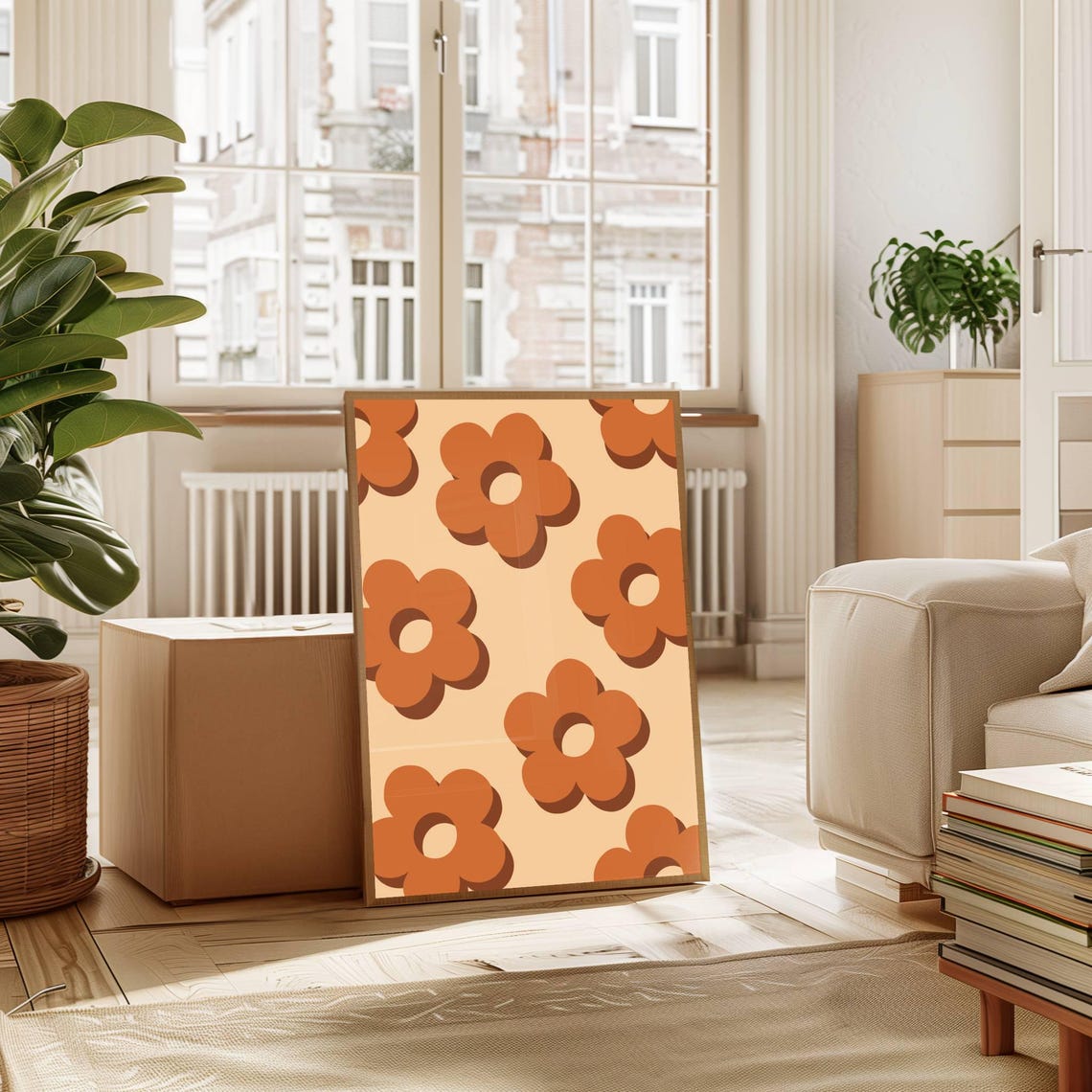 Rust Orange Retro Daisy Pattern 70s Groovy Floral Art Poster - Image 3