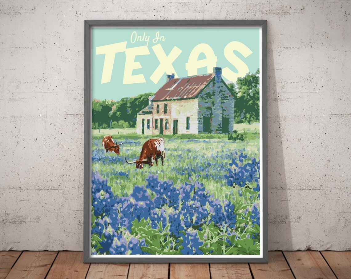 Texas Vintage Style Travel Poster, Bluebonnet Art