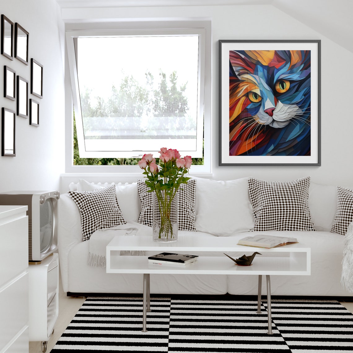 Geometric Patchwork Cat Face Close Up in Bright Blue Art Poster - Image 2