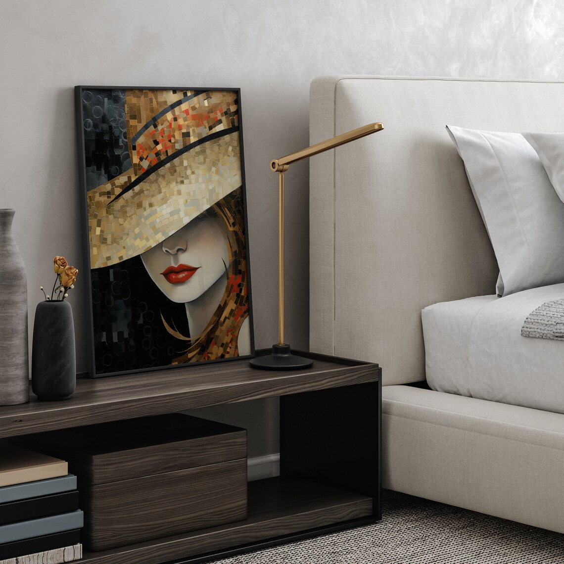 Mosaic Woman in Wide Hat with Red Lips Art Deco Style Poster - Image 4