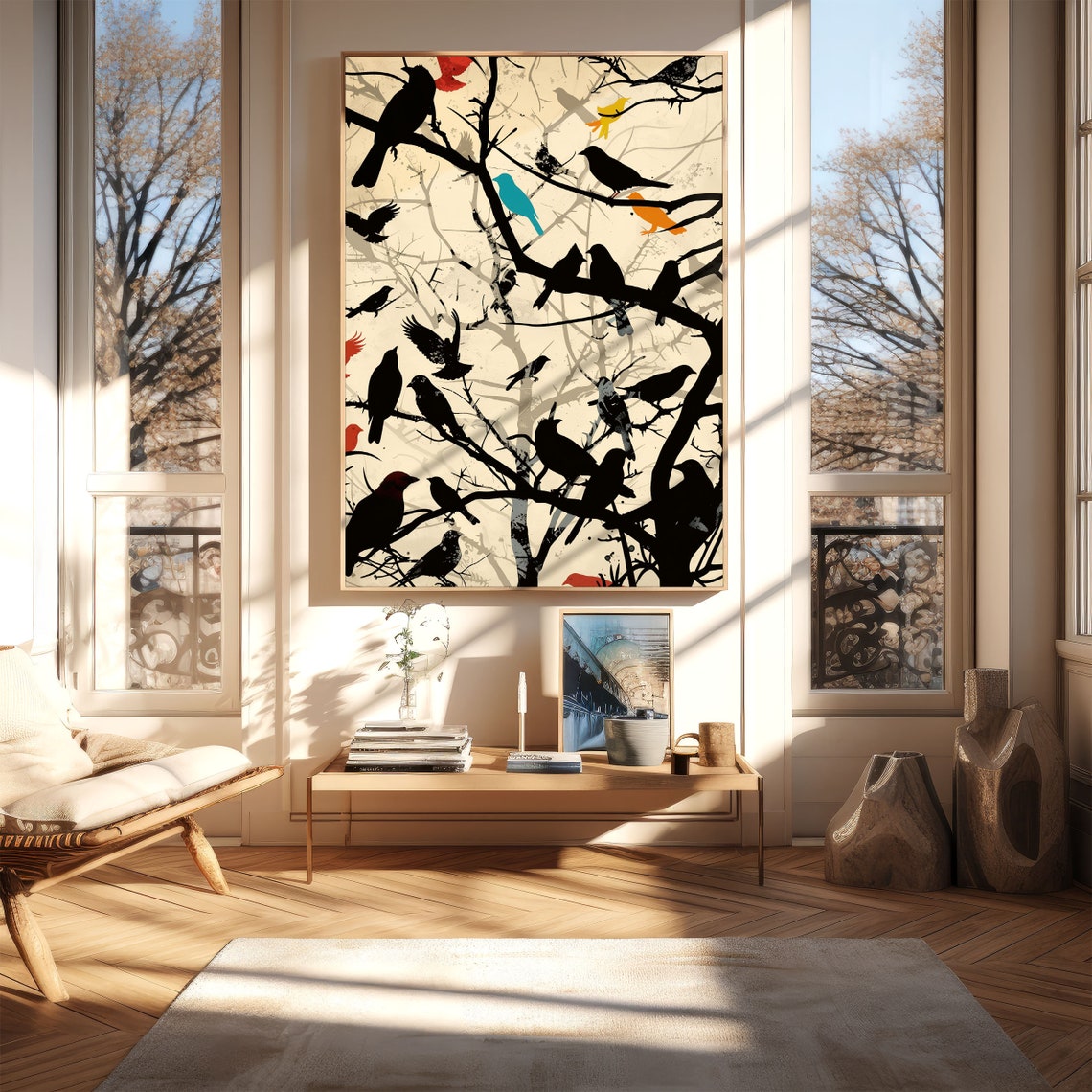 Flock of Black Birds on Bare Branches Silhouette Artwork Poster - Image 2