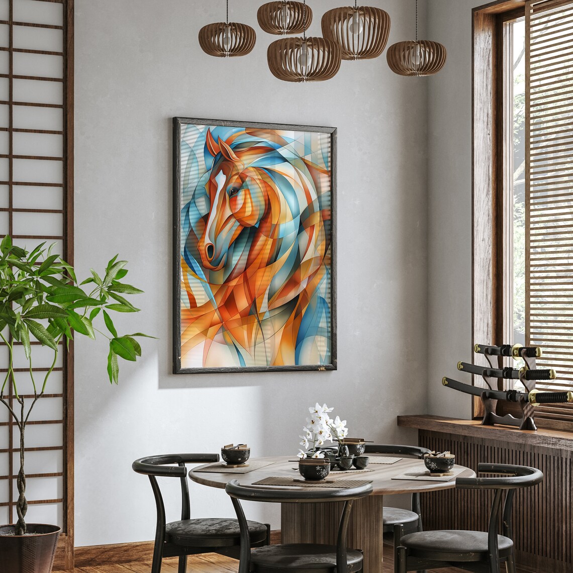 Geometric Horse Head with Blue and Orange Ribbons Art Poster - Image 6