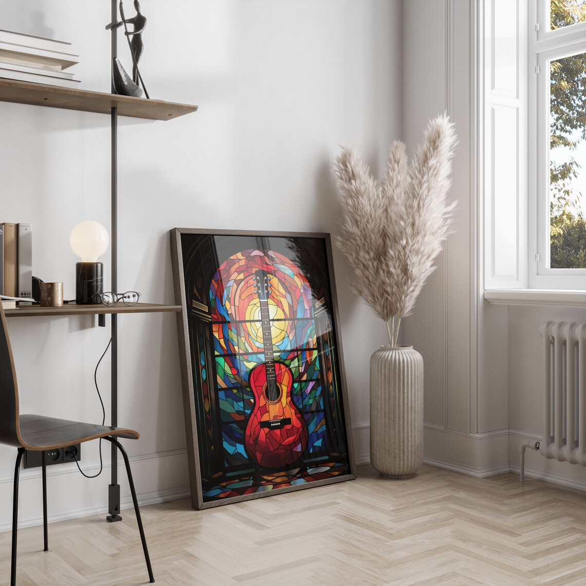 Stained Glass Acoustic Guitar Before Cathedral Window Art Poster - Image 2