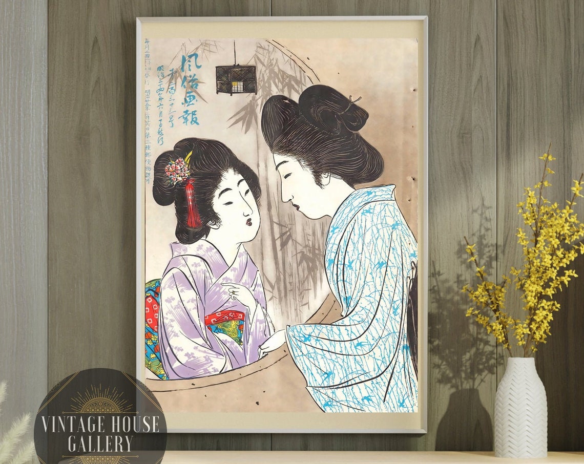 Two Women in Kimono by Bamboo in Ukiyo e Style Vintage Poster