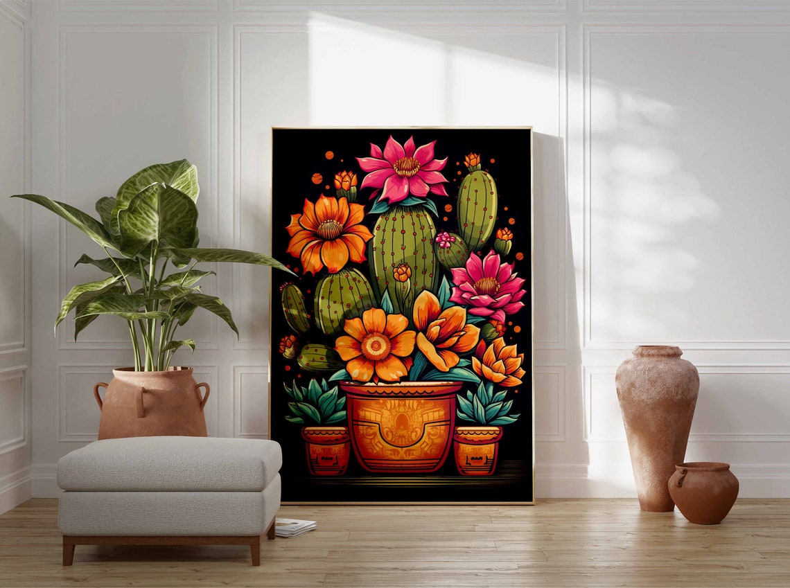 Colorful Mexican Terracotta Pots Blooming Cacti Aztec Black Poster - Image 3