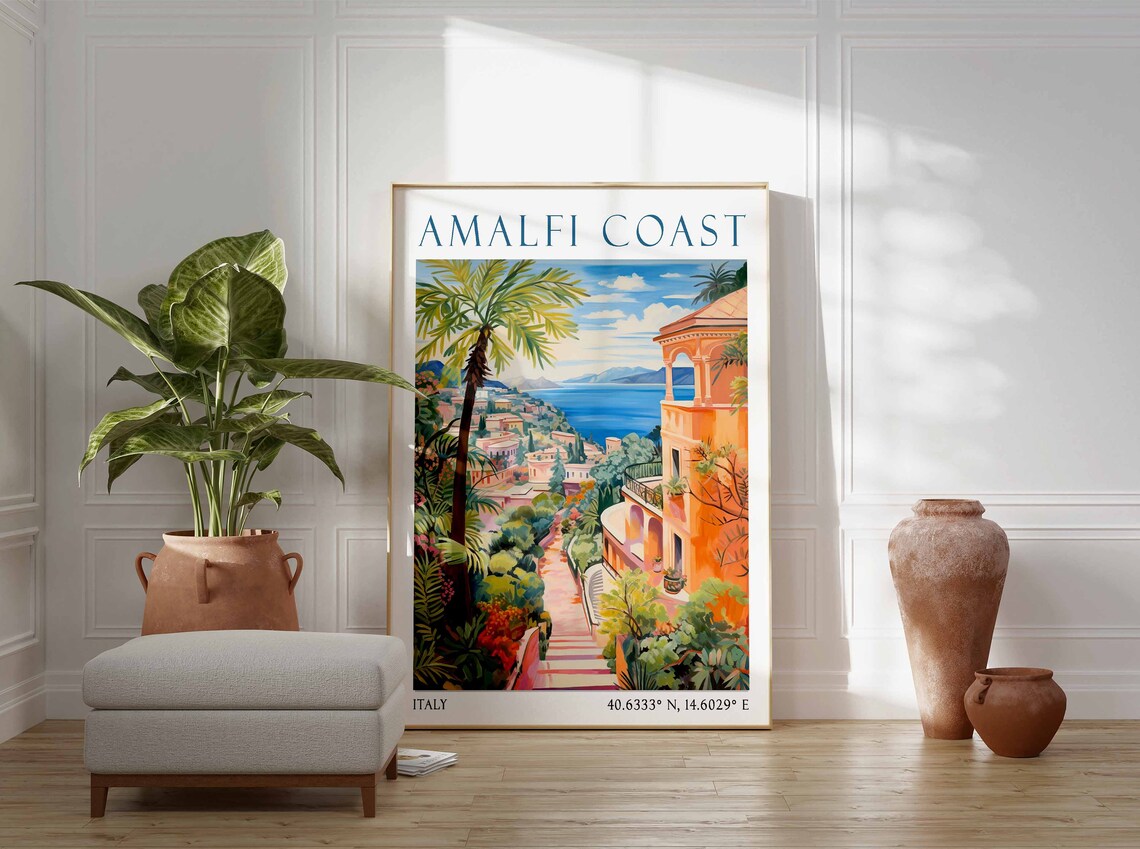Amalfi Coast Italy Travel Poster with Palm Trees and Seaside Stairs - Image 2