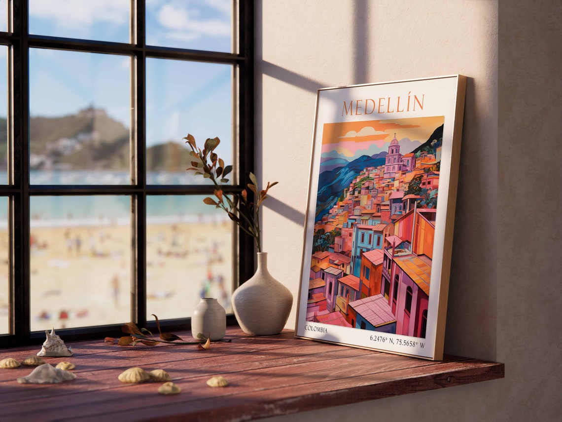 Medellin Colorful Hillside Town Sunset Colombia Travel Poster - Image 2