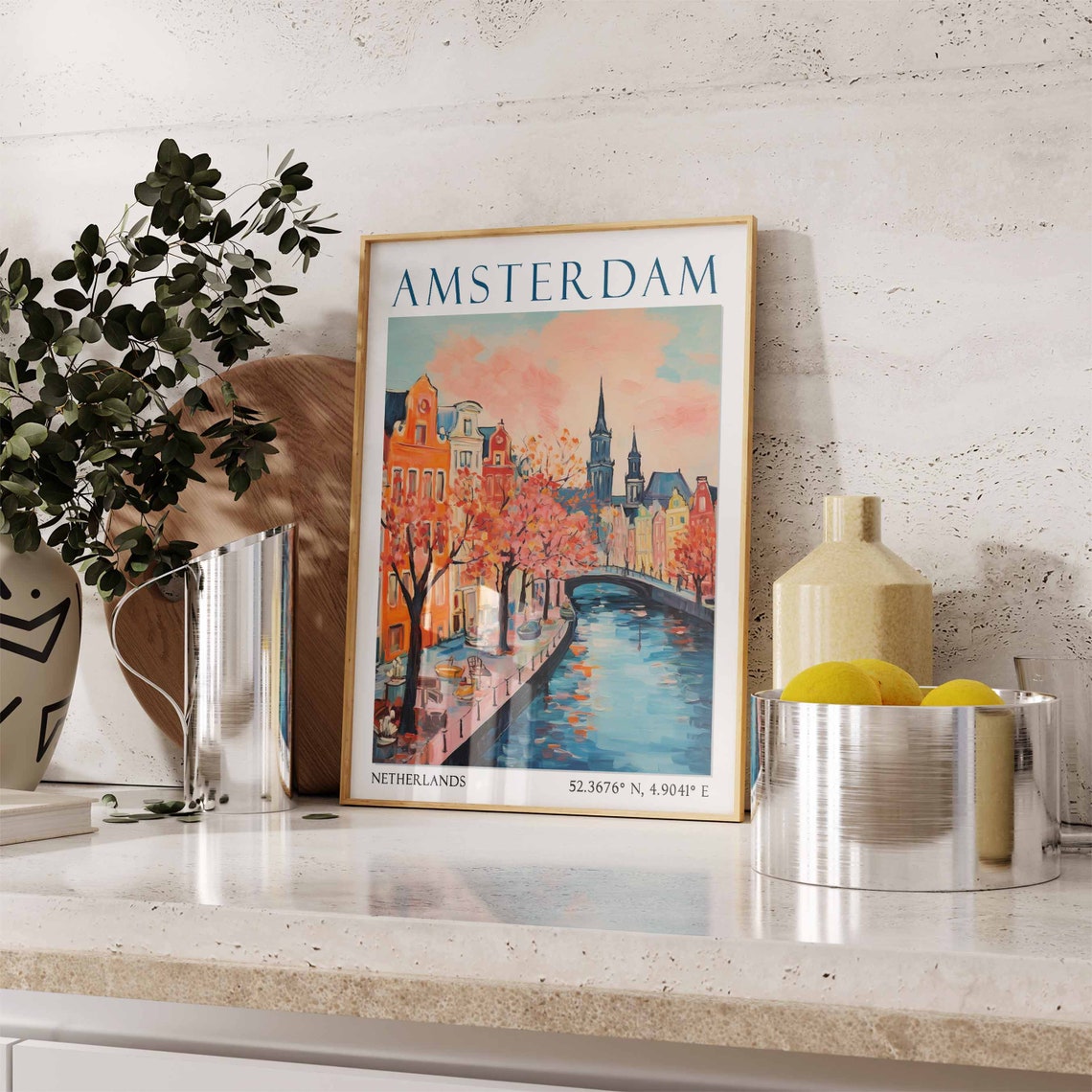 Amsterdam Canal Bridge with Pink Blossom Trees in Spring Poster Art - Image 3