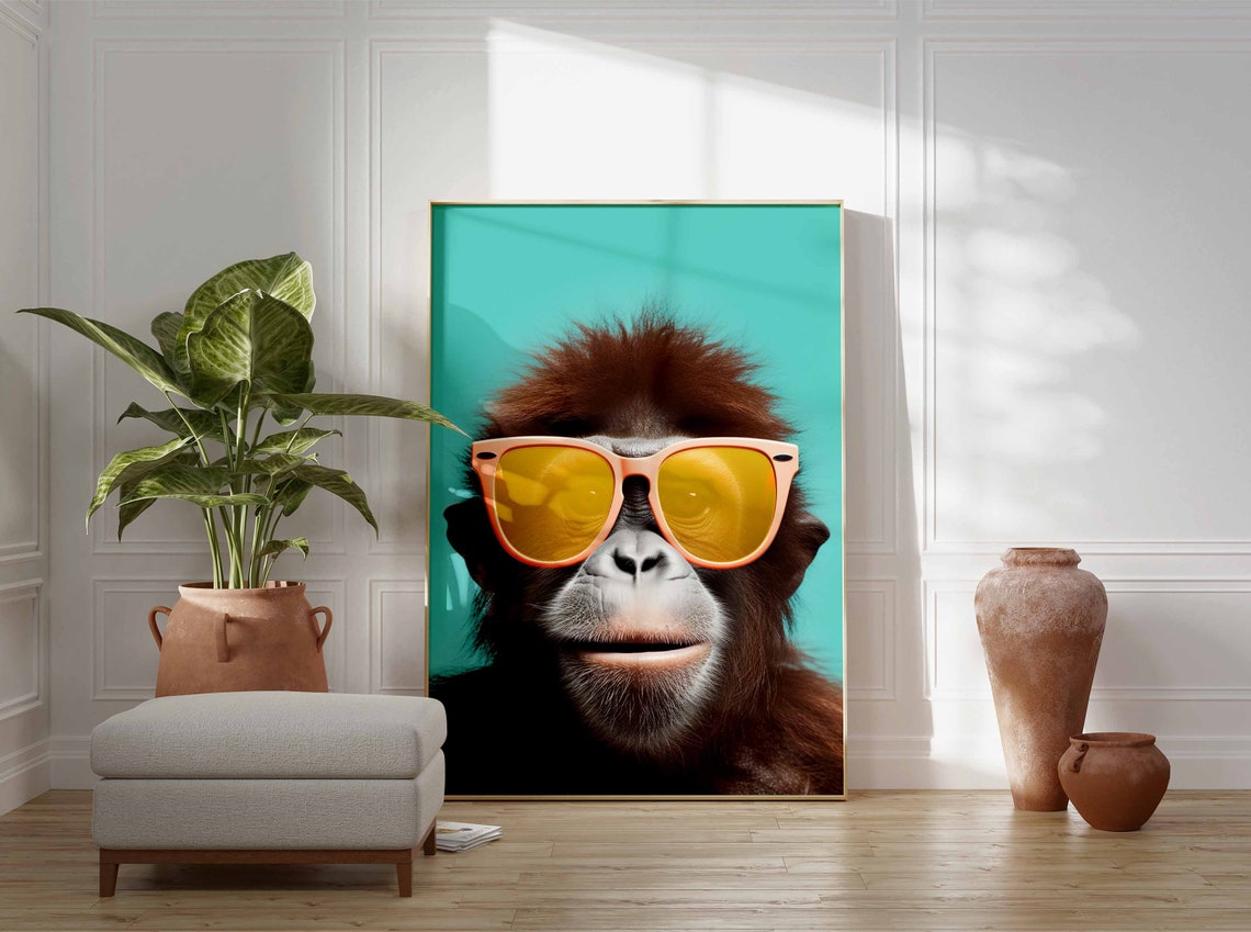 Orangutan Wearing Orange Sunglasses on a Teal Background Poster - Image 3