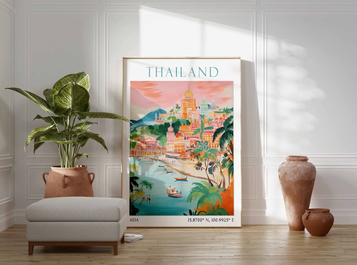 Thailand Golden Temple Coast Boats Palms Watercolor Travel Poster - Image 2