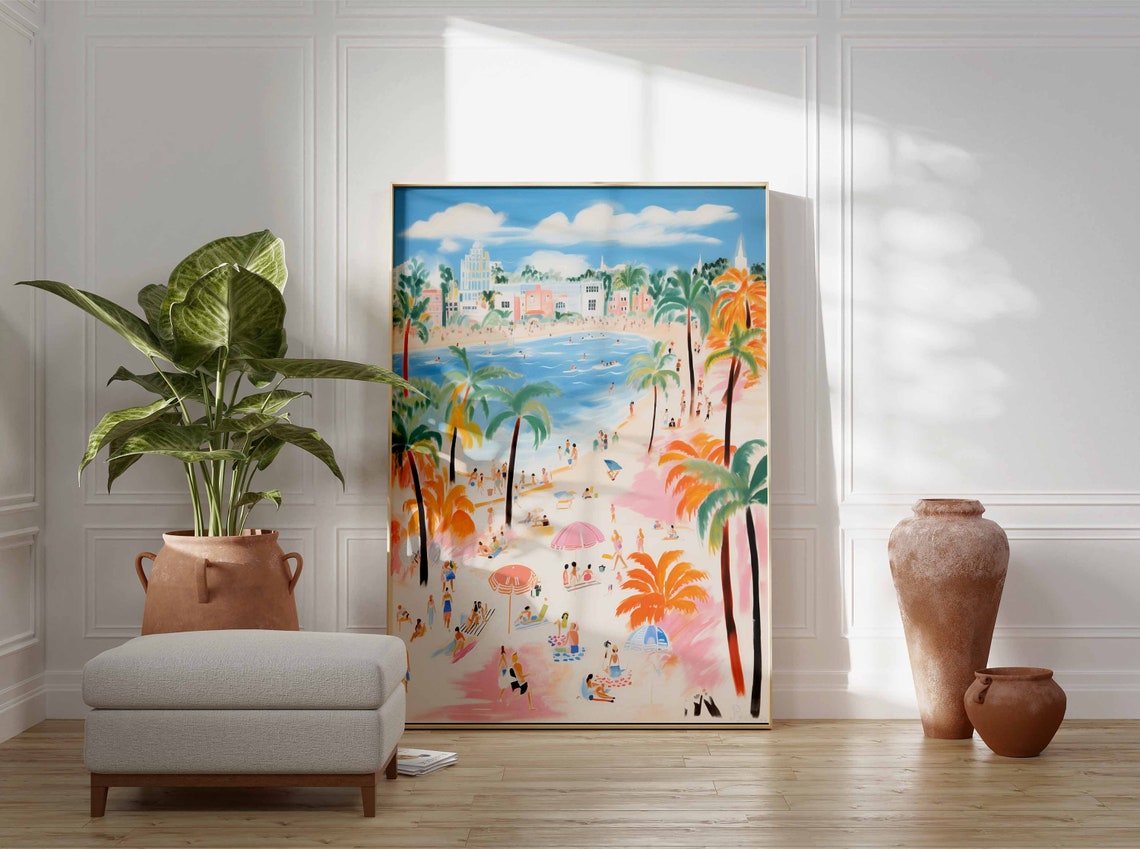 Curved City Beach with Pink Umbrellas and Tall Palm Trees Poster - Image 3