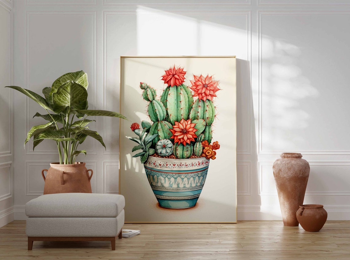Flowering Cactus in a Decorated Ceramic Pot Botanical Poster - Image 3