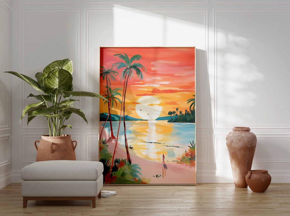 Big Sun Setting Over a Bay with Palm Trees and a Beach Walker Poster - Image 3