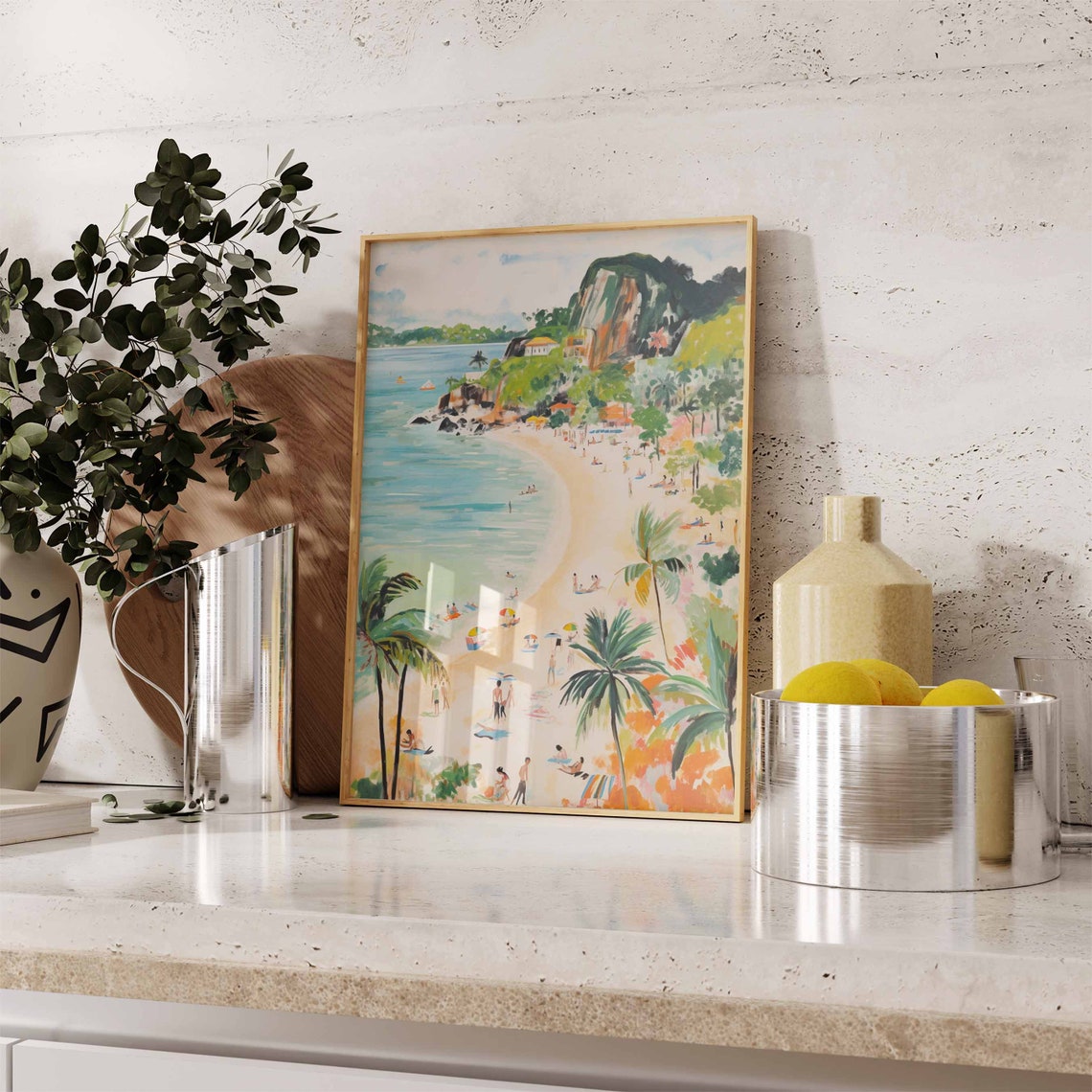 Sandy Tropical Beach with Palm Trees and a Rocky Headland Poster - Image 2