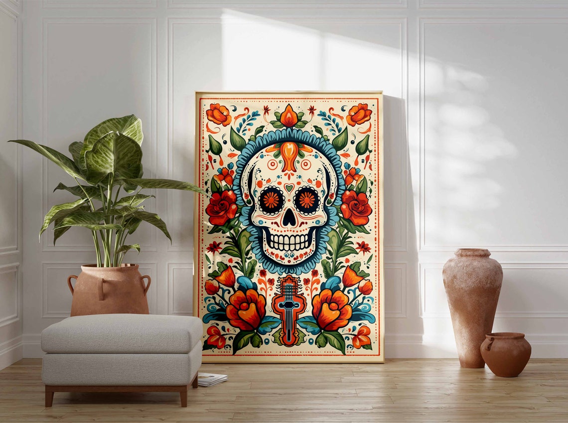 Day of the Dead Skull Blue Halo Guitar Cream Floral Folk Poster - Image 3