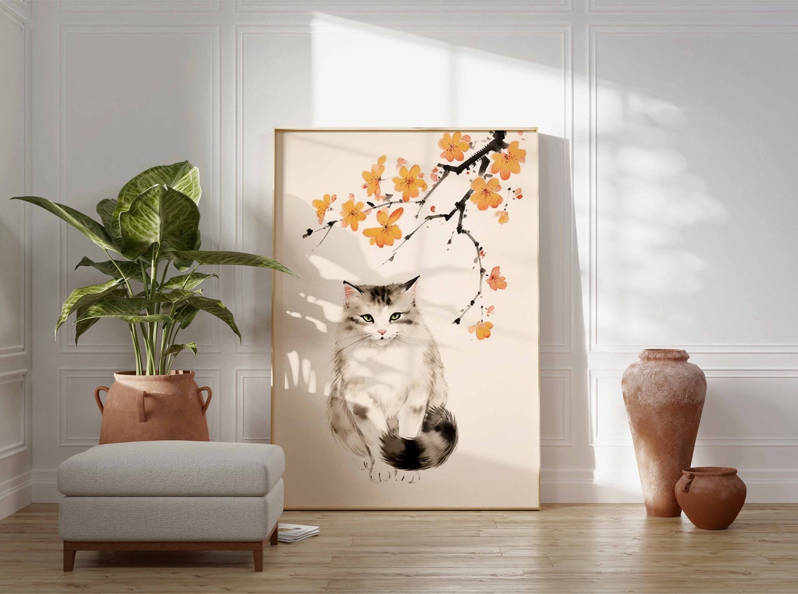 Japanese Ink Wash Grey Cat Under Orange Blossom Branch Poster - Image 3