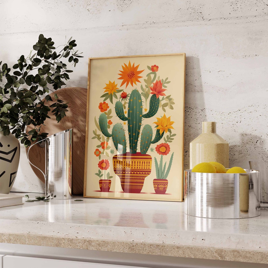 Prickly Pear Cactus Red Patterned Pot Orange Flowers Mexican Print - Image 2