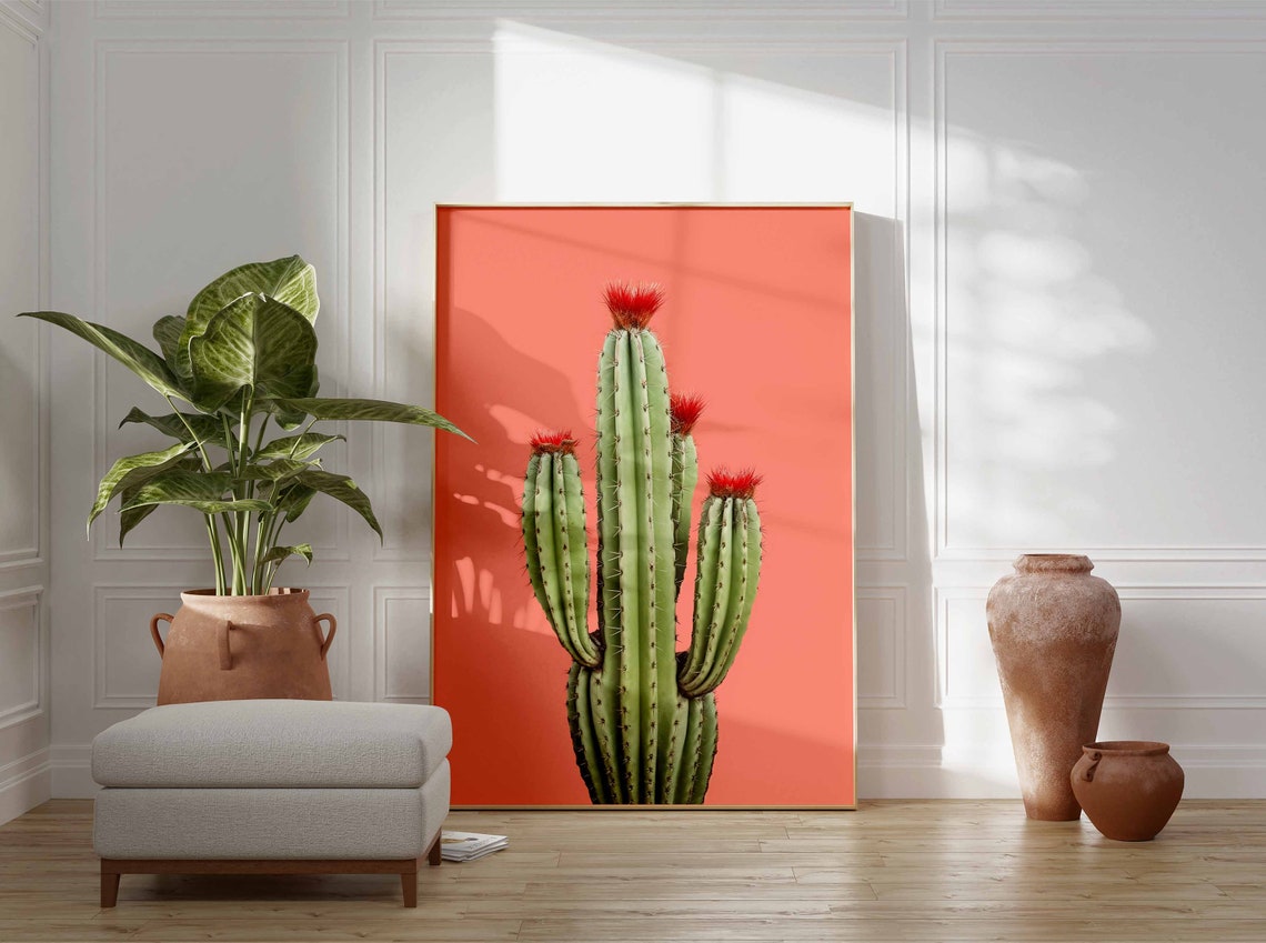 Cactus with Fuzzy Red Flower Crowns on a Salmon Background Poster - Image 3
