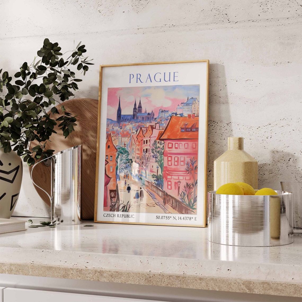 Prague Czech Republic Pink Street Red Houses Cathedral View Poster - Image 3