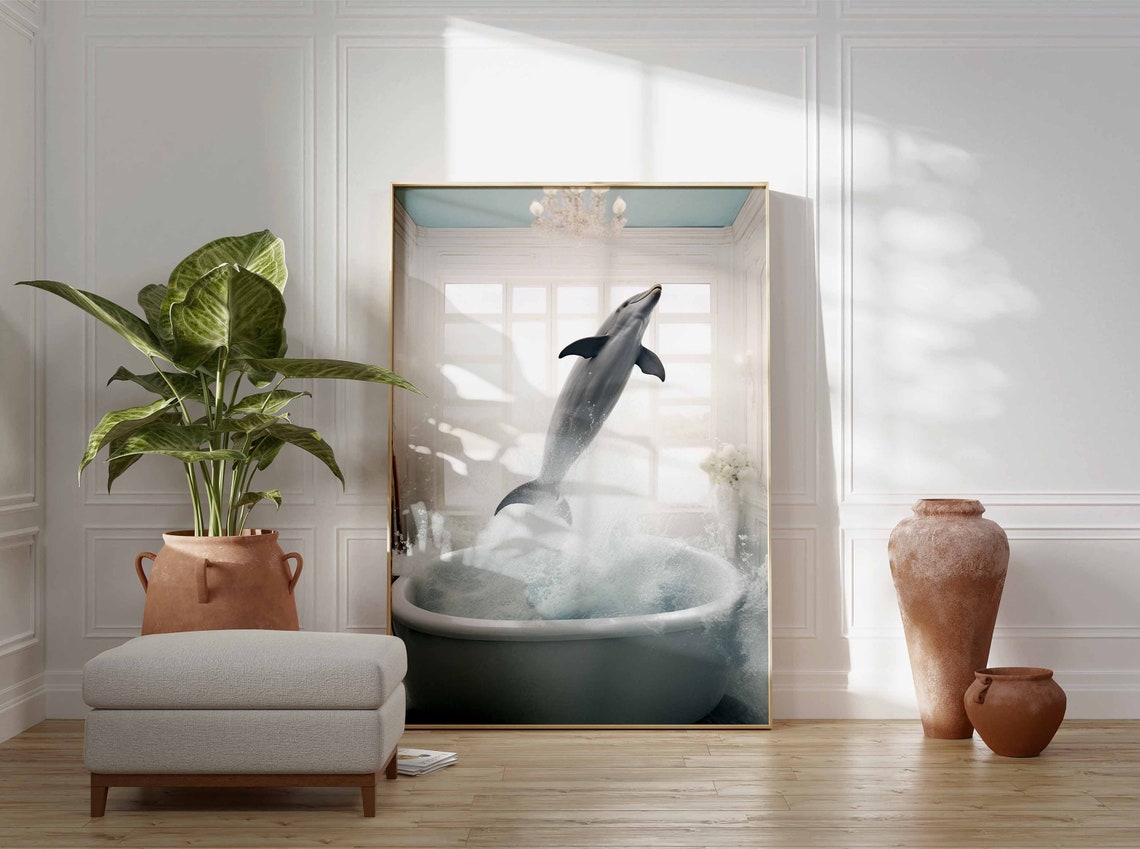 Dolphin Leaping From A Splashing Bathtub In A Dream Bathroom Poster - Image 3