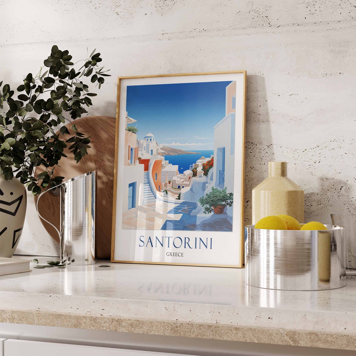 Santorini Whitewashed Street Blue Domes Greece Travel Gift Poster - Image 3