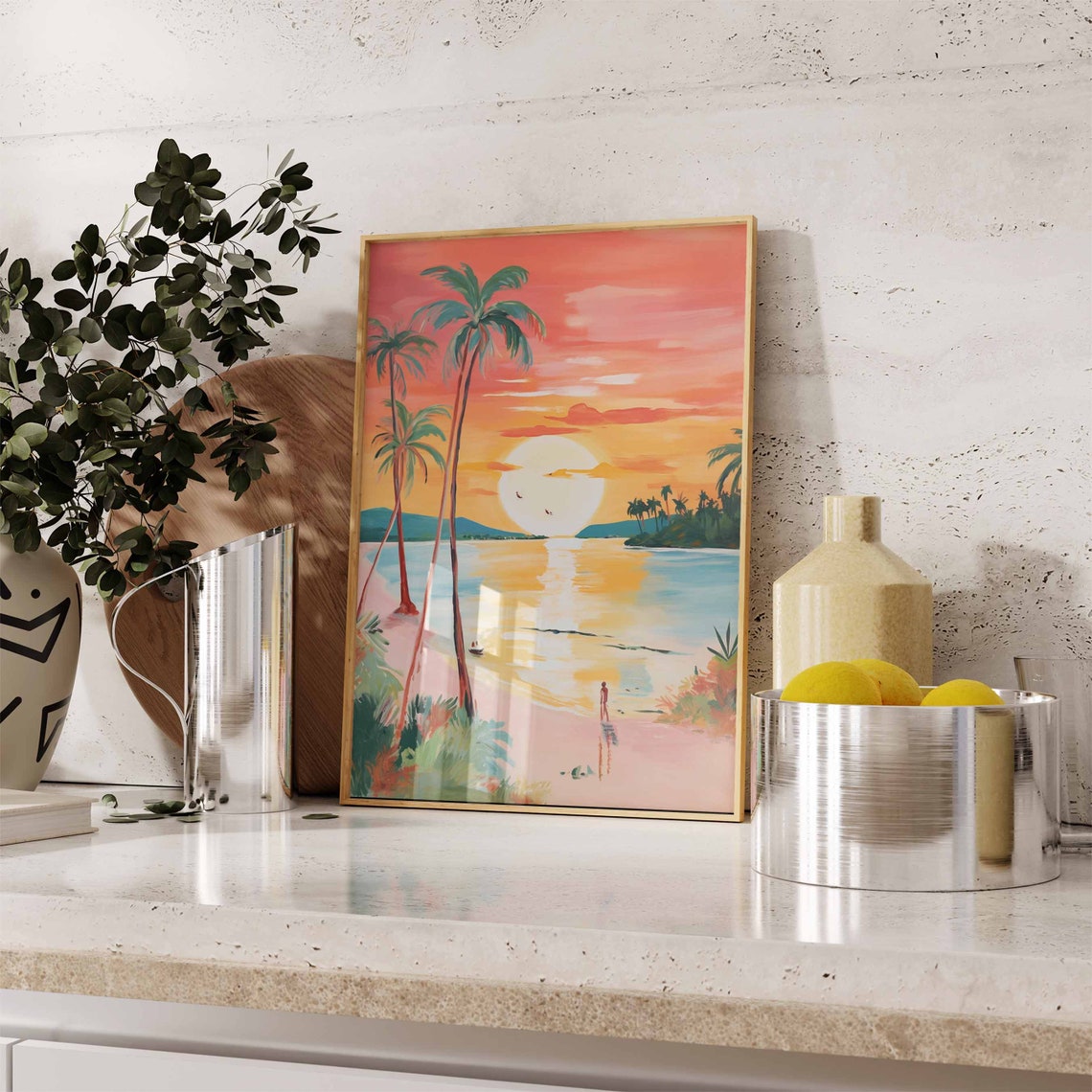 Big Sun Setting Over a Bay with Palm Trees and a Beach Walker Poster - Image 2
