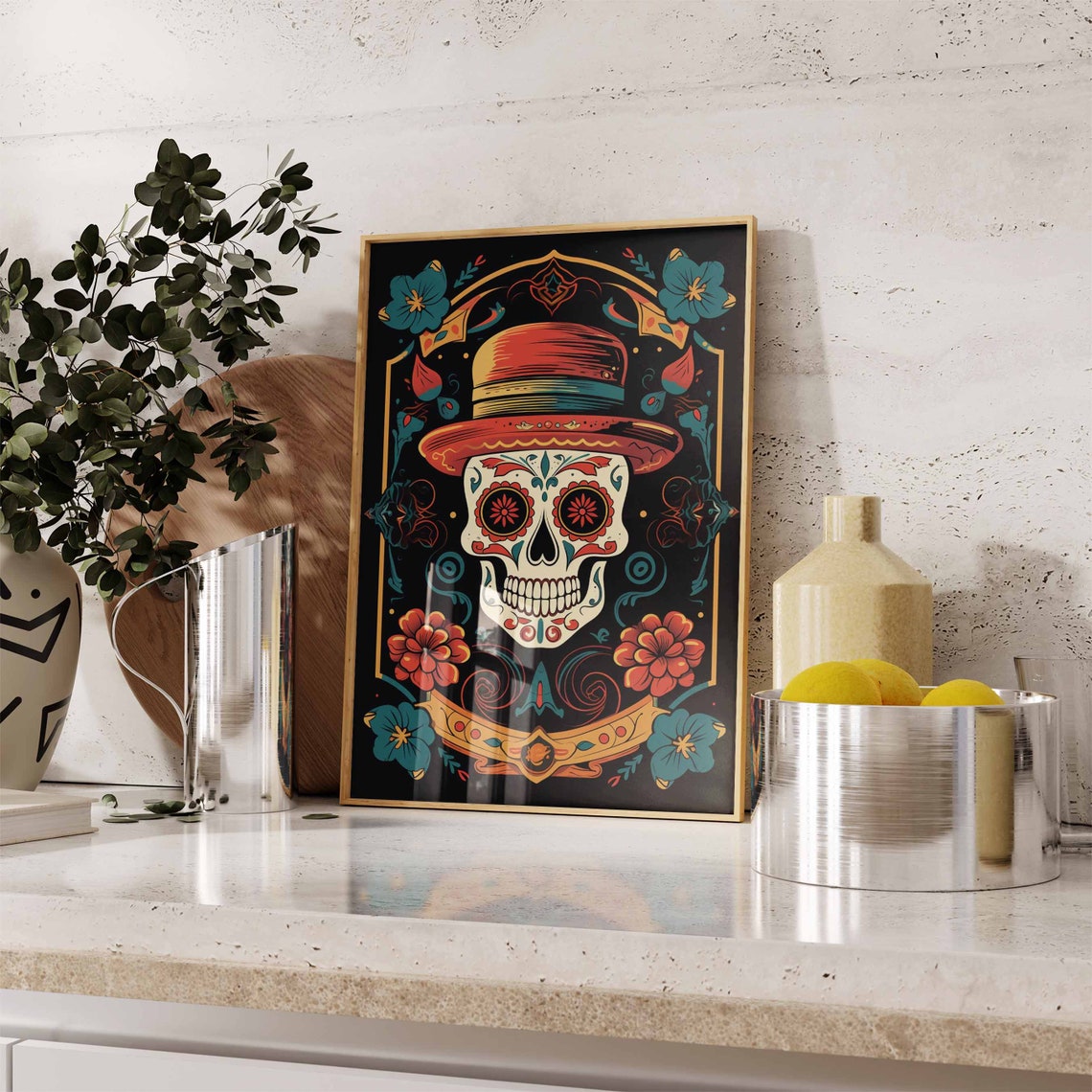Day of the Dead Ornate Sugar Skull Red Hat Floral Calavera Poster - Image 2