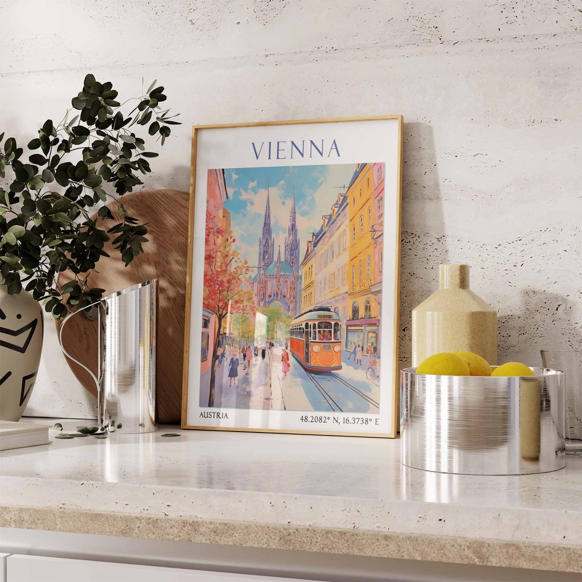 Vienna Orange Tram Cathedral Street Watercolor Travel Poster - Image 3